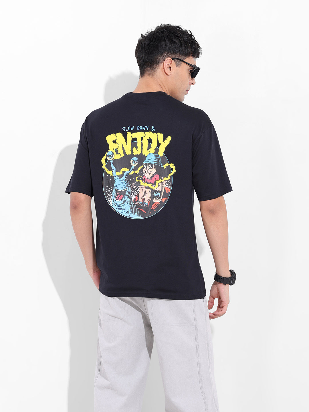 Men's Black Boxy Oversized Graphic Back Printed Round Neck T-shirt