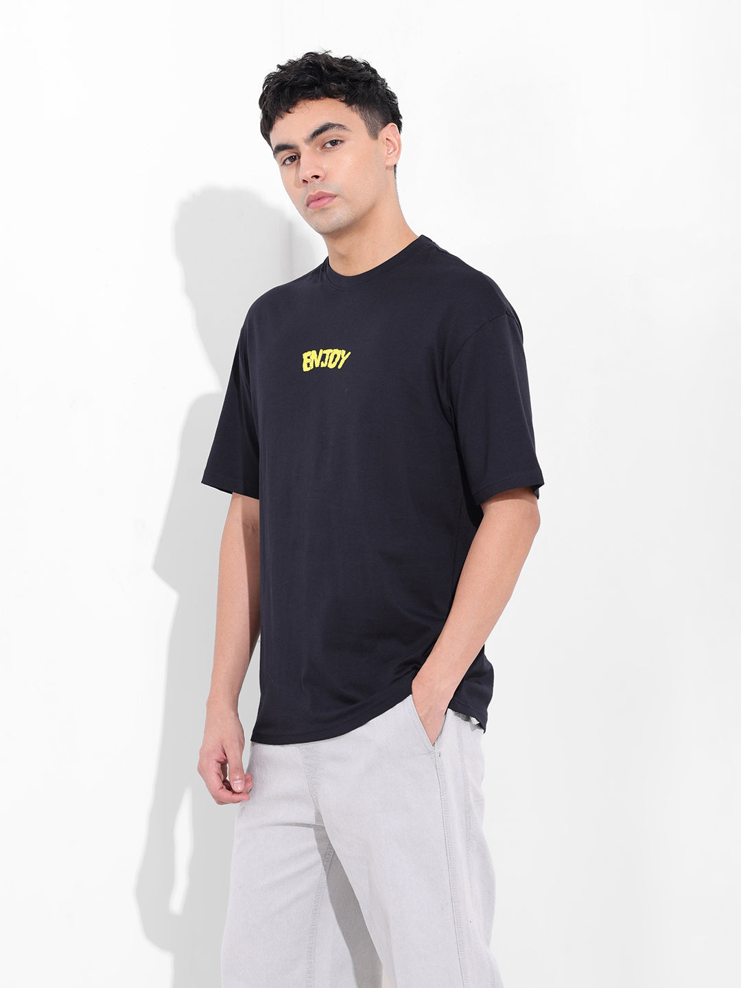 Men's Black Boxy Oversized Graphic Back Printed Round Neck T-shirt