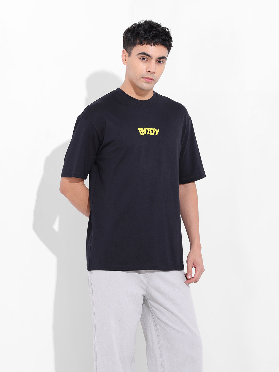 Men's Black Boxy Oversized Graphic Back Printed Round Neck T-shirt