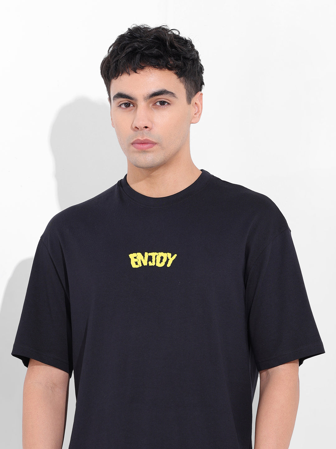 Men's Black Boxy Oversized Graphic Back Printed Round Neck T-shirt