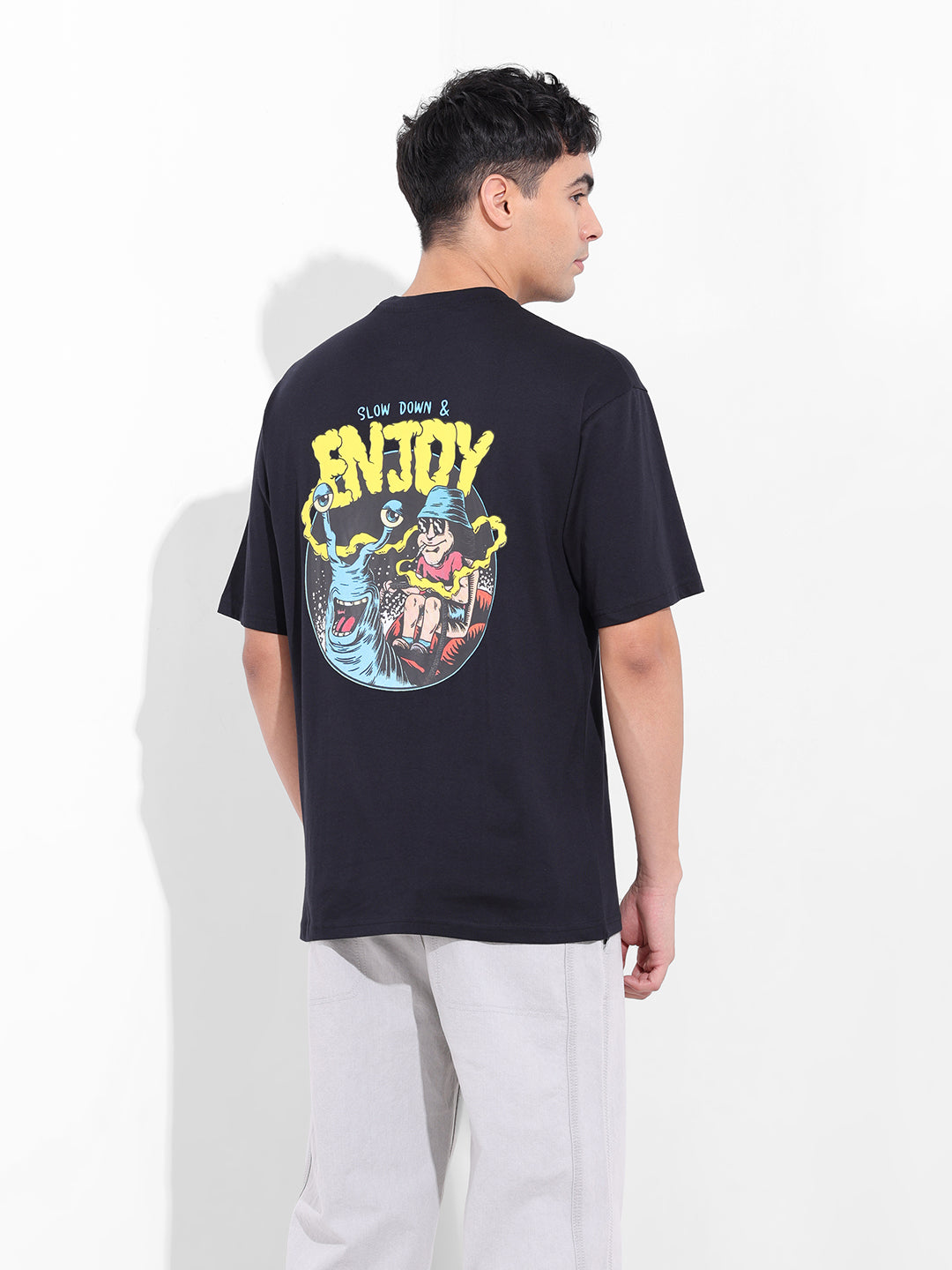 Men's Black Boxy Oversized Graphic Back Printed Round Neck T-shirt