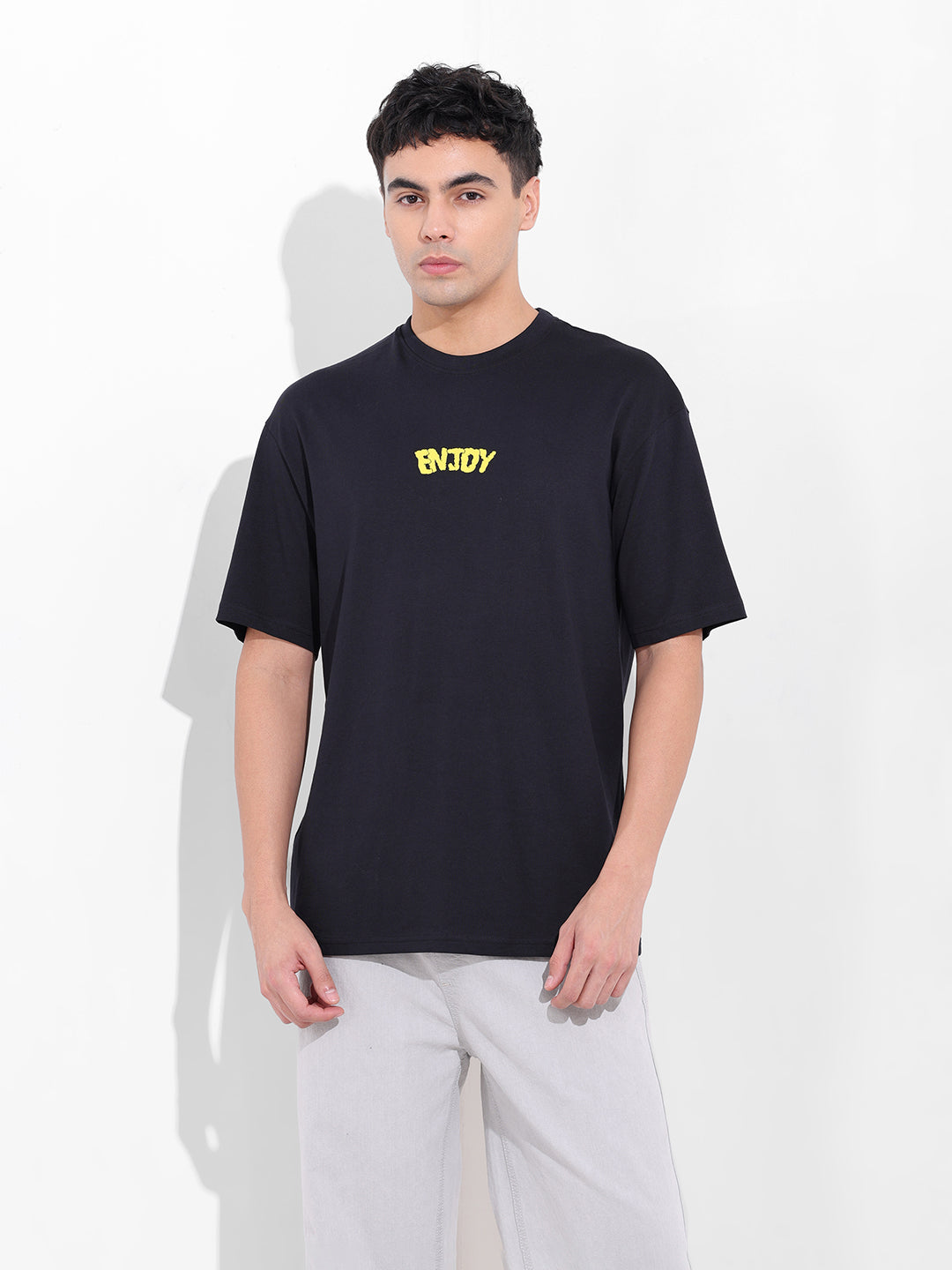 Men's Black Boxy Oversized Graphic Back Printed Round Neck T-shirt