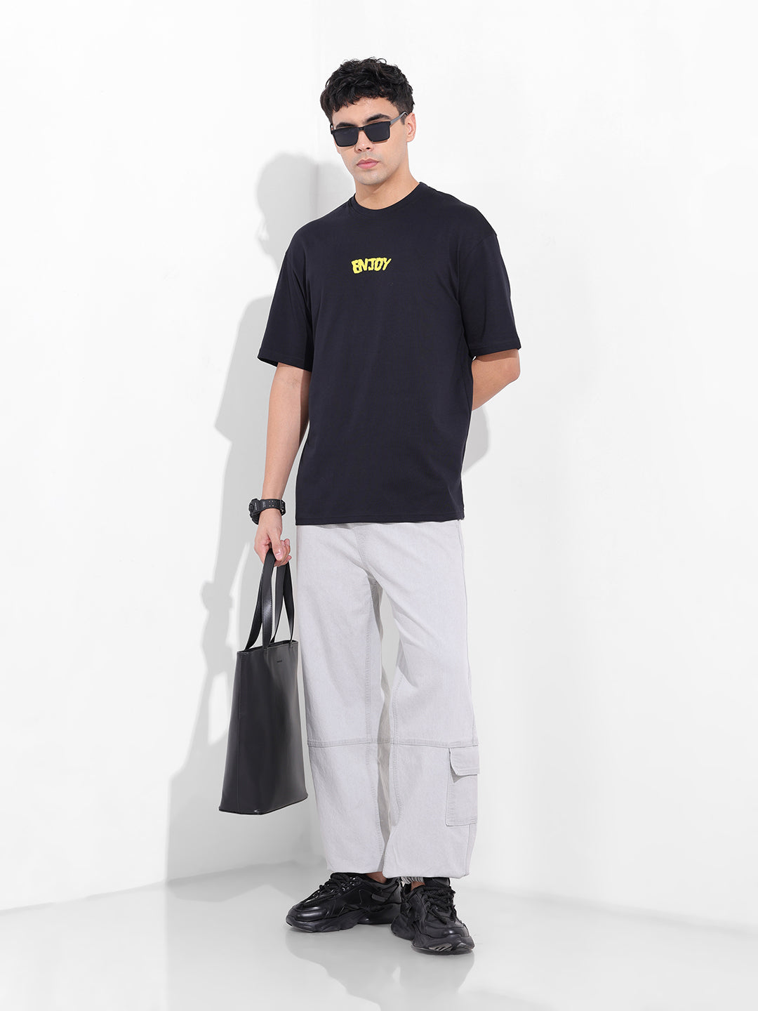 Men's Black Boxy Oversized Graphic Back Printed Round Neck T-shirt