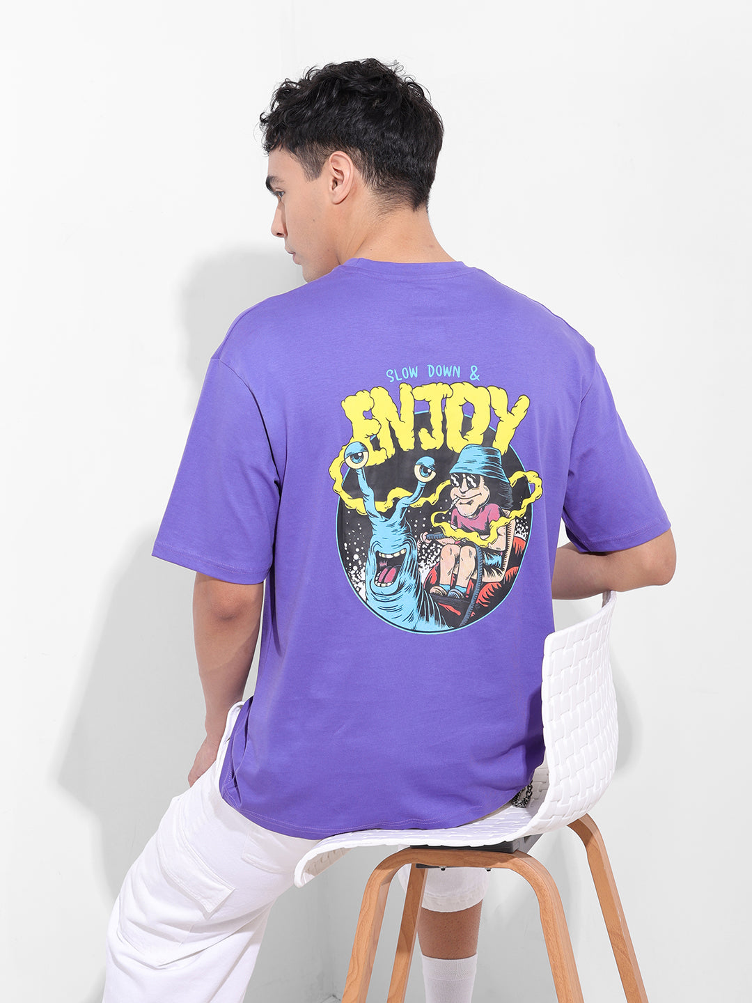 Men's Purple Boxy Oversized Graphic Back Printed Round Neck T-shirt