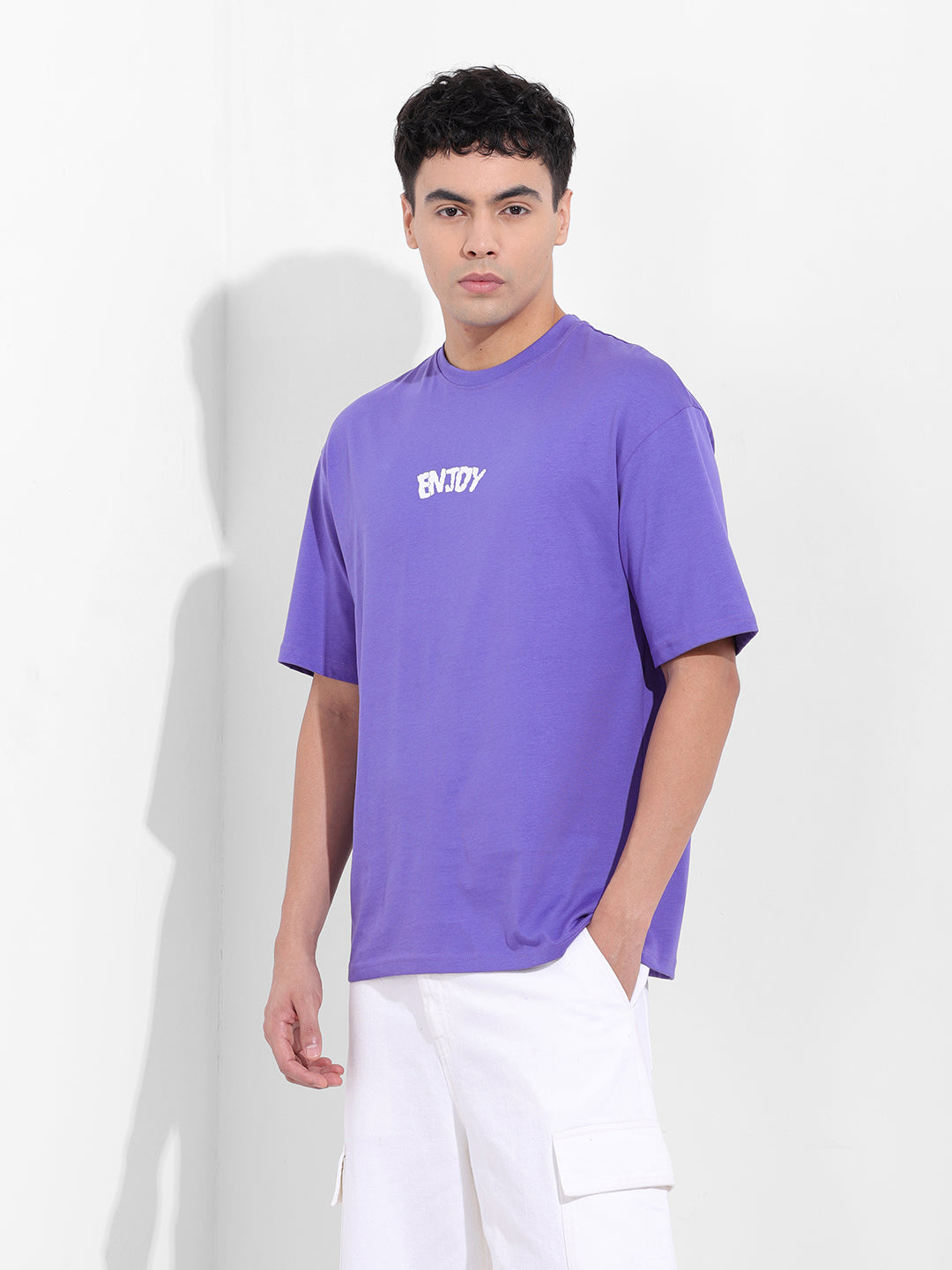 Men's Purple Boxy Oversized Graphic Back Printed Round Neck T-shirt