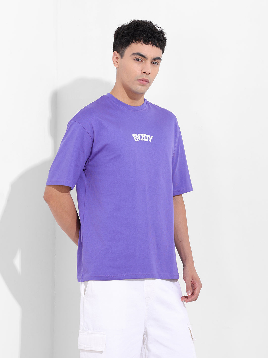 Men's Purple Boxy Oversized Graphic Back Printed Round Neck T-shirt