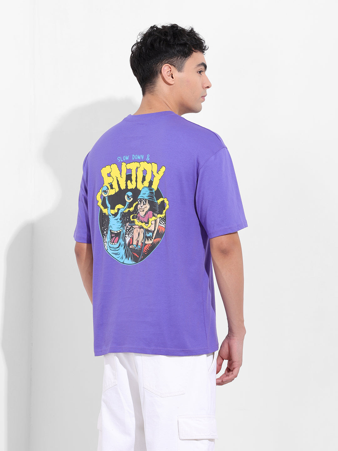 Men's Purple Boxy Oversized Graphic Back Printed Round Neck T-shirt