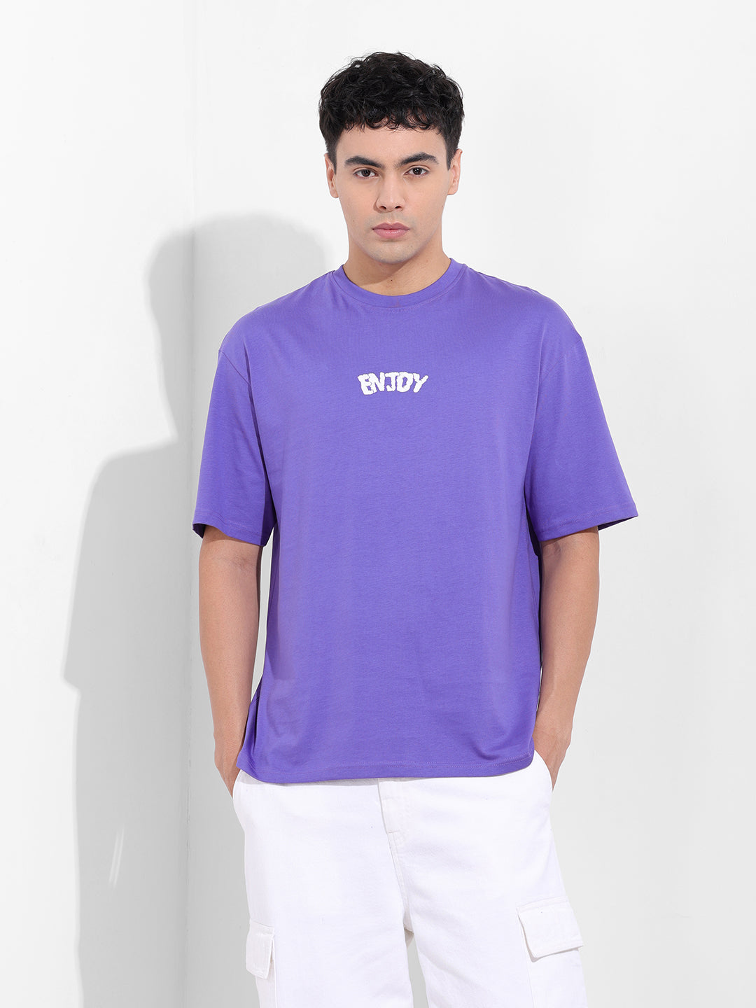 Men's Purple Boxy Oversized Graphic Back Printed Round Neck T-shirt