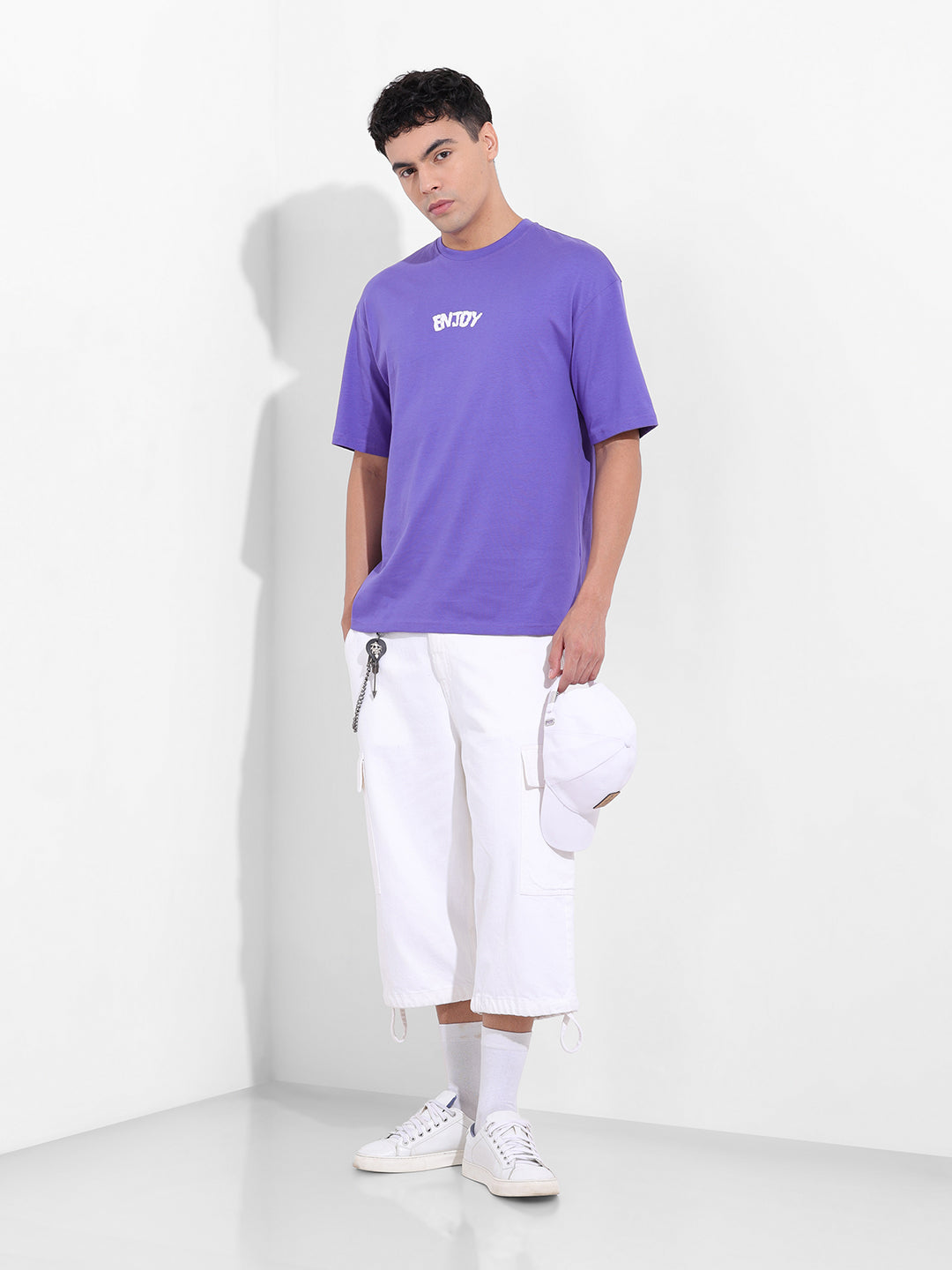 Men's Purple Boxy Oversized Graphic Back Printed Round Neck T-shirt
