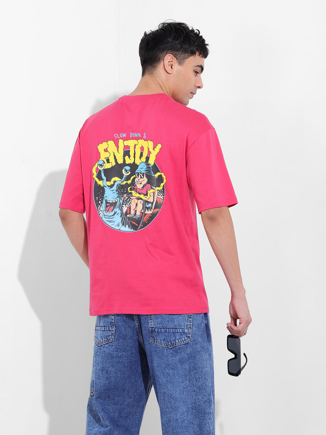 Men's Pink Boxy Oversized Graphic Back Printed Round Neck T-shirt