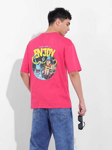 Men's Pink Boxy Oversized Graphic Back Printed Round Neck T-shirt