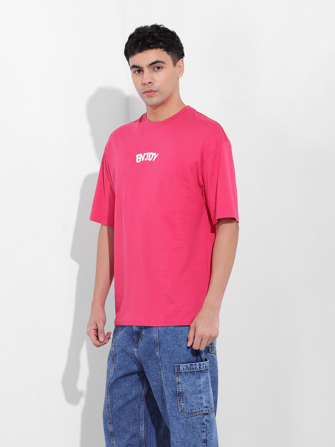 Men's Pink Boxy Oversized Graphic Back Printed Round Neck T-shirt