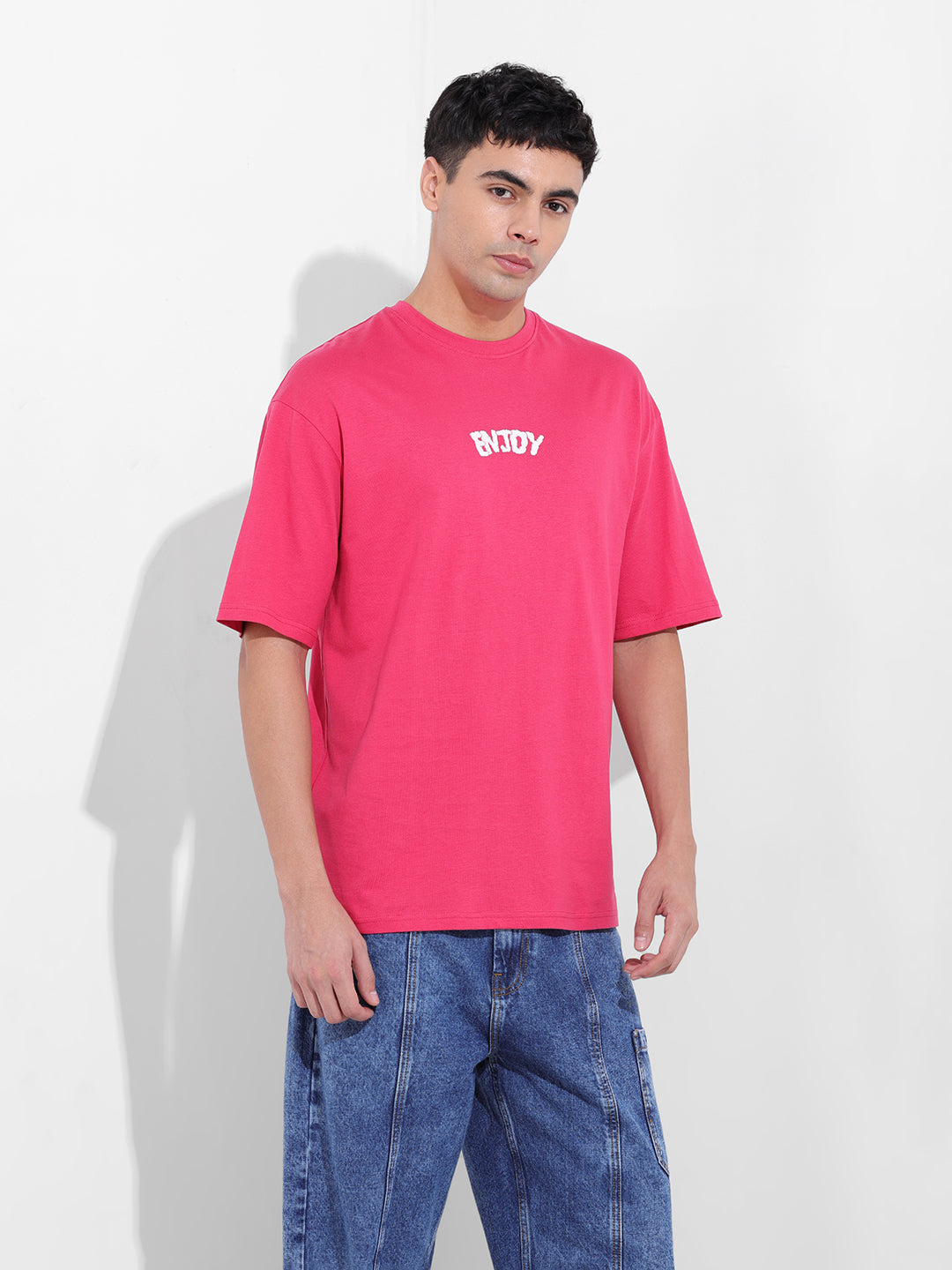 Men's Pink Boxy Oversized Graphic Back Printed Round Neck T-shirt