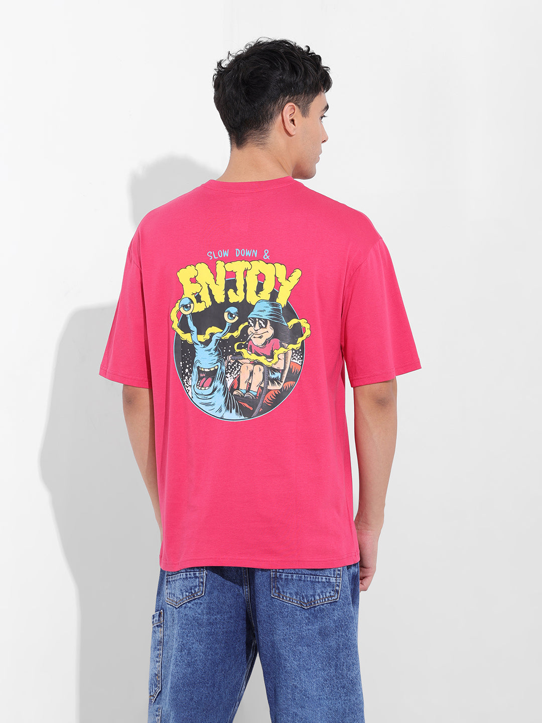Men's Pink Boxy Oversized Graphic Back Printed Round Neck T-shirt