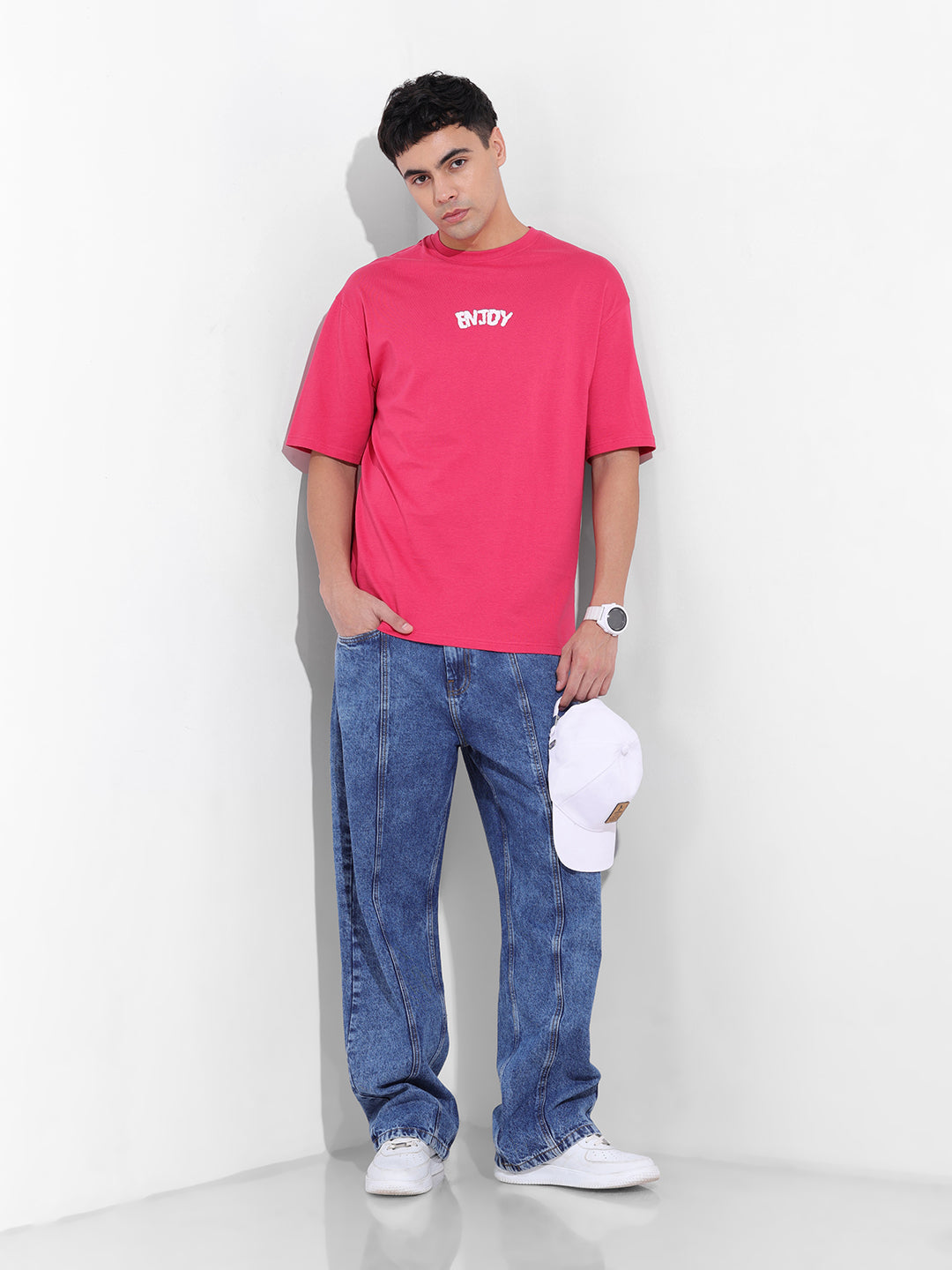 Men's Pink Boxy Oversized Graphic Back Printed Round Neck T-shirt