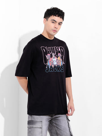 Men's Black Oversized Graphic Back Printed Round Neck T-shirt