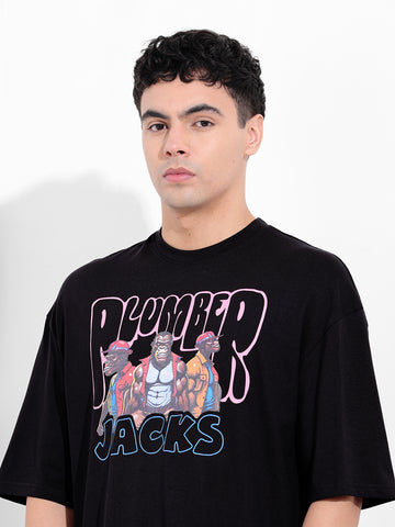 Men's Black Oversized Graphic Back Printed Round Neck T-shirt