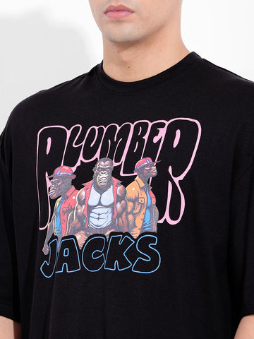 Men's Black Oversized Graphic Back Printed Round Neck T-shirt