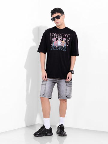 Men's Black Oversized Graphic Back Printed Round Neck T-shirt
