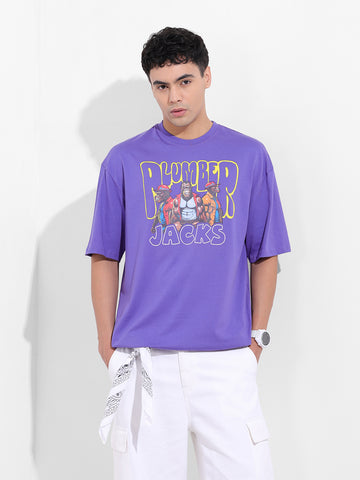 Men's Purple Oversized Graphic Back Printed Round Neck T-shirt
