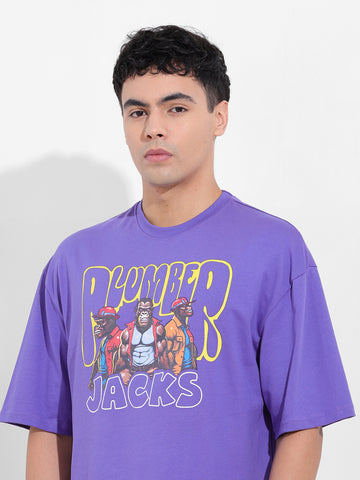 Men's Purple Oversized Graphic Back Printed Round Neck T-shirt
