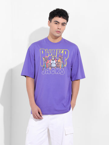 Men's Purple Oversized Graphic Back Printed Round Neck T-shirt