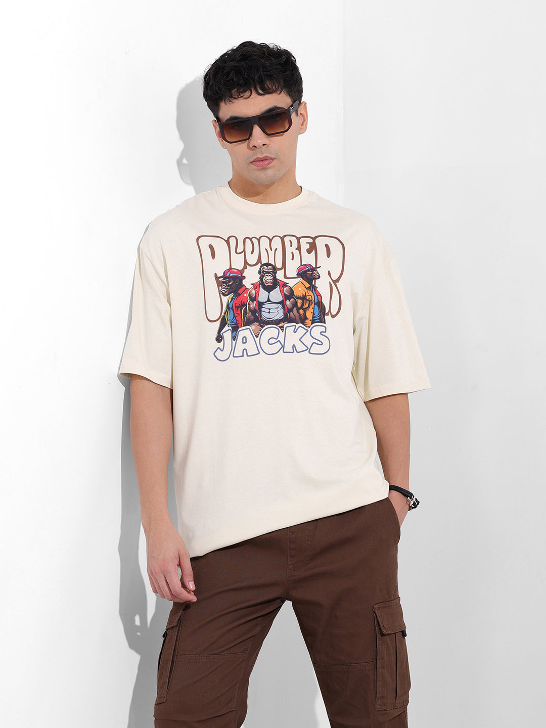 Men's Beige Oversized Graphic Back Printed Round Neck T-shirt