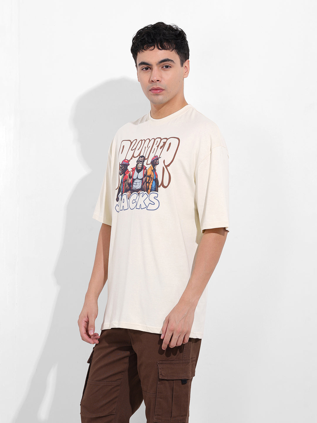 Men's Beige Oversized Graphic Back Printed Round Neck T-shirt
