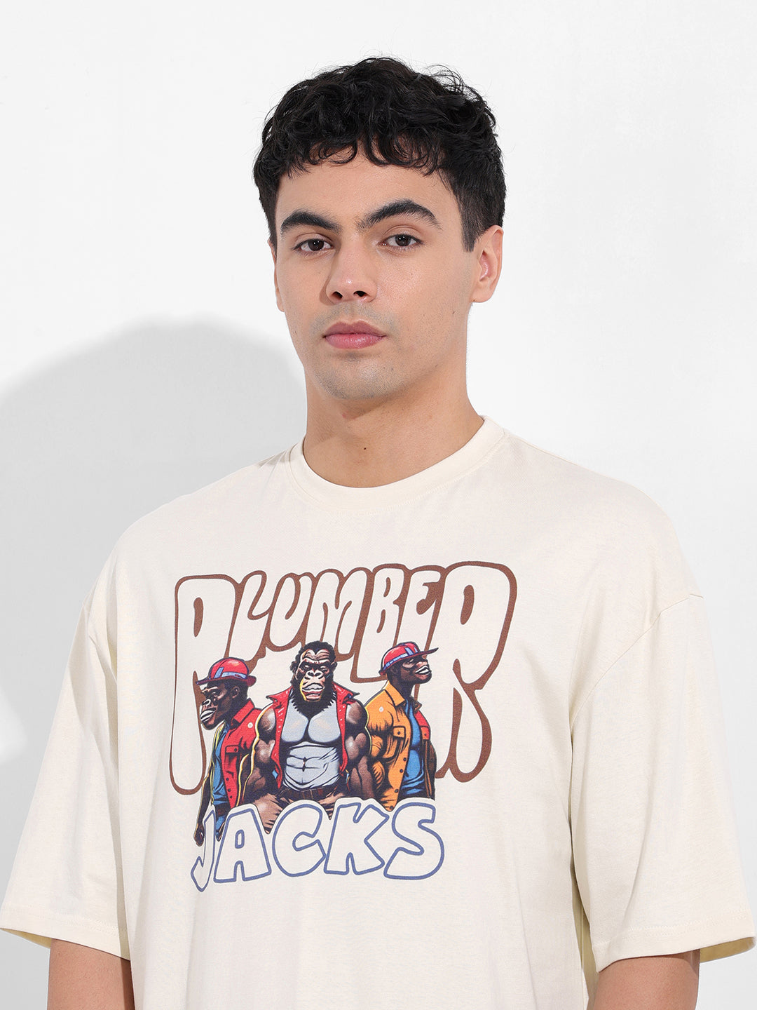 Men's Beige Oversized Graphic Back Printed Round Neck T-shirt