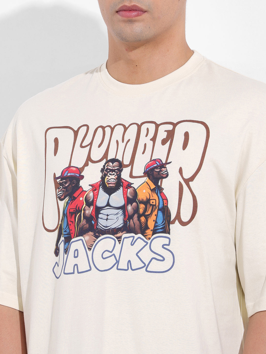 Men's Beige Oversized Graphic Back Printed Round Neck T-shirt