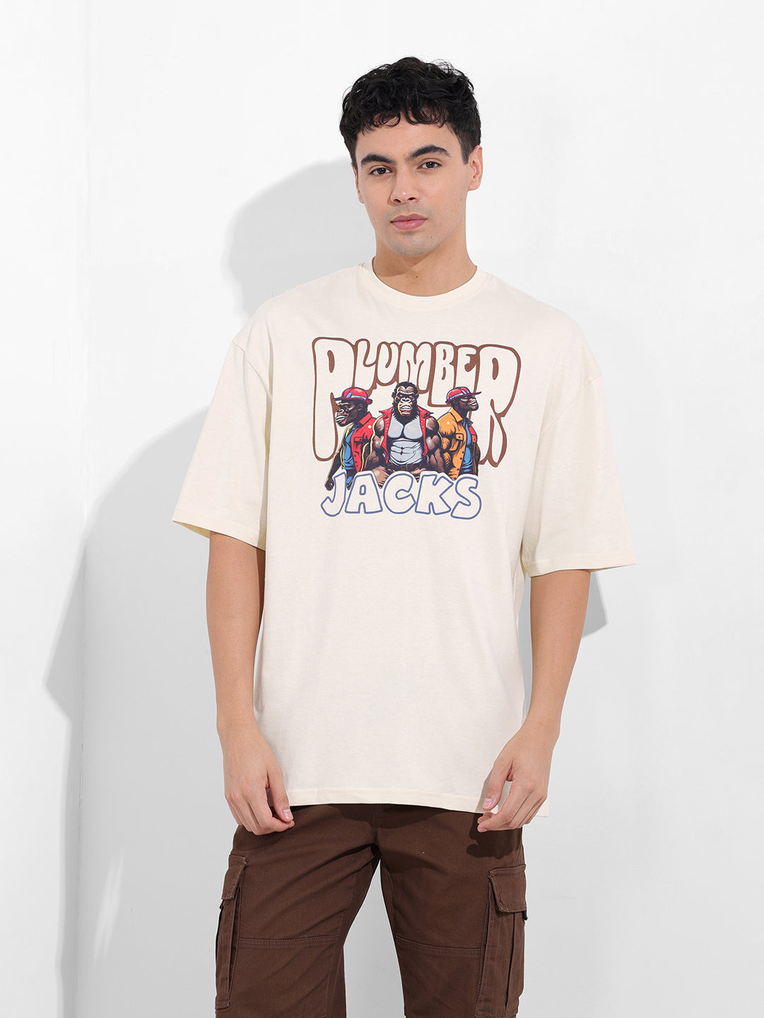 Men's Beige Oversized Graphic Back Printed Round Neck T-shirt