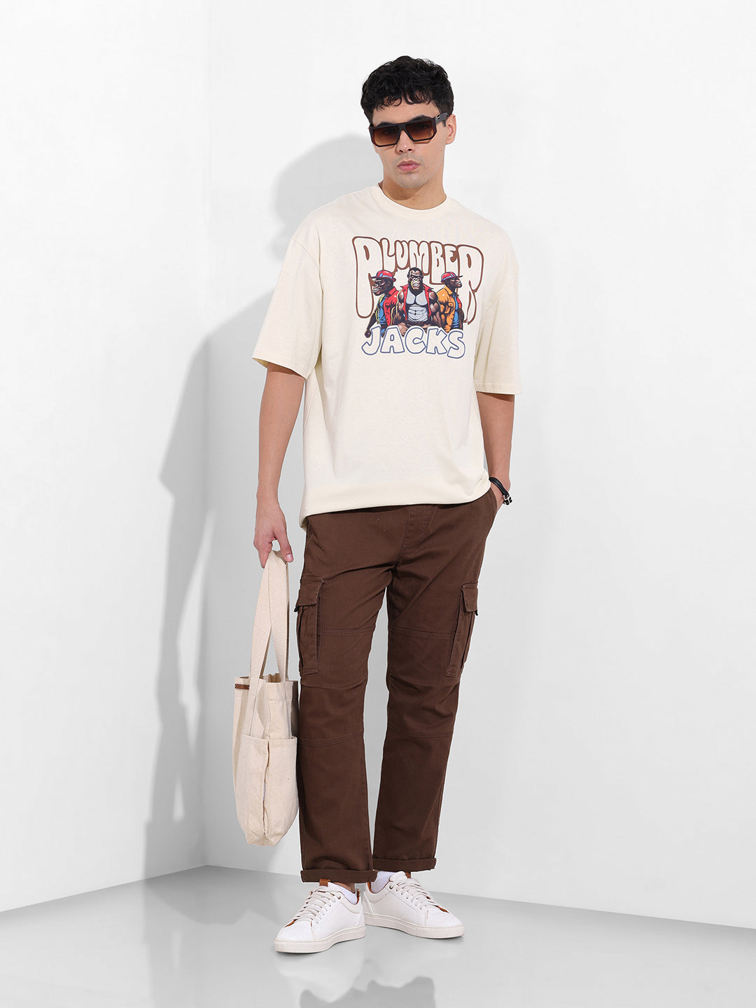 Men's Beige Oversized Graphic Back Printed Round Neck T-shirt