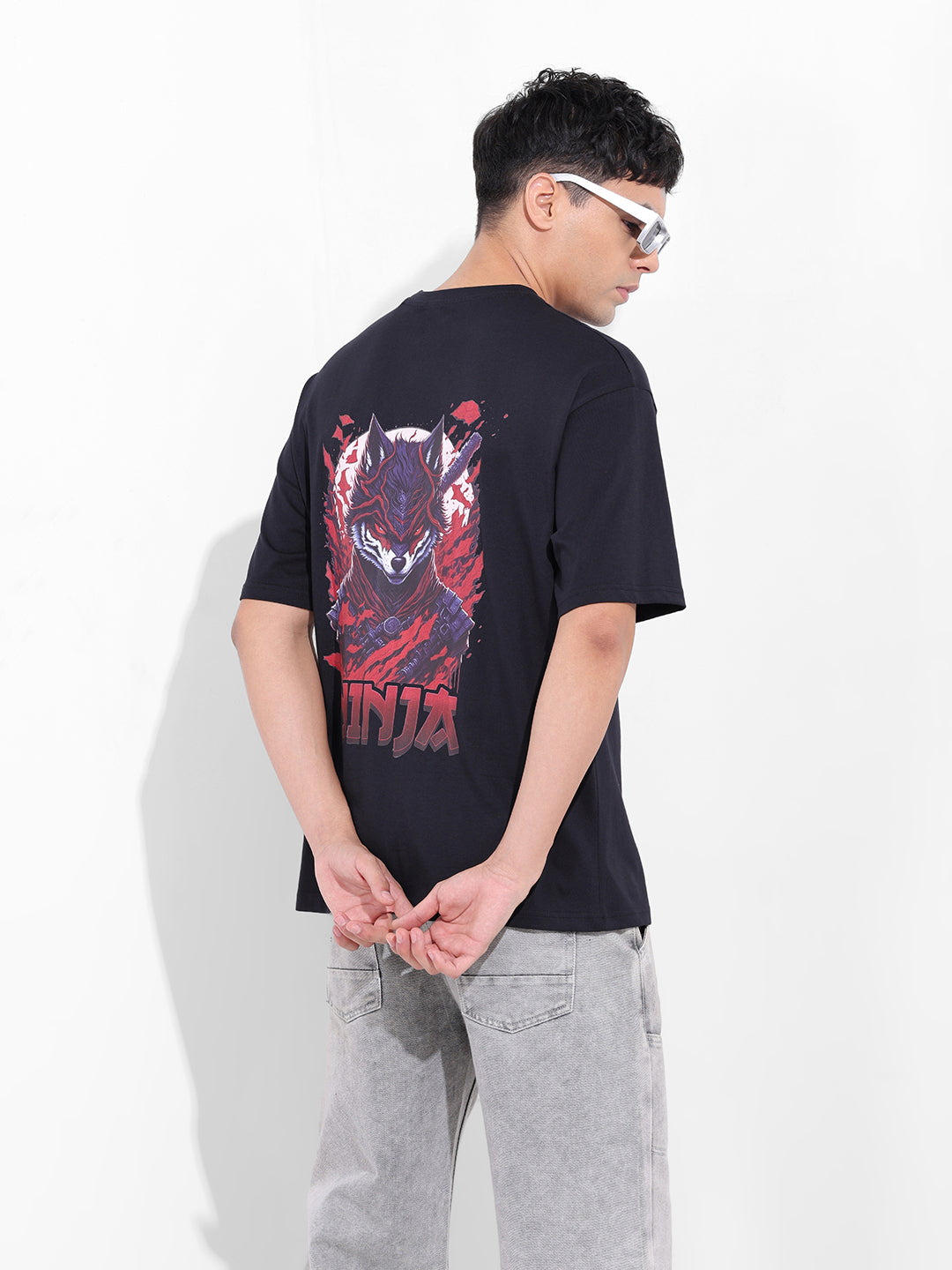 Men's Black Boxy Oversized Graphic Back Printed Round Neck T-shirt