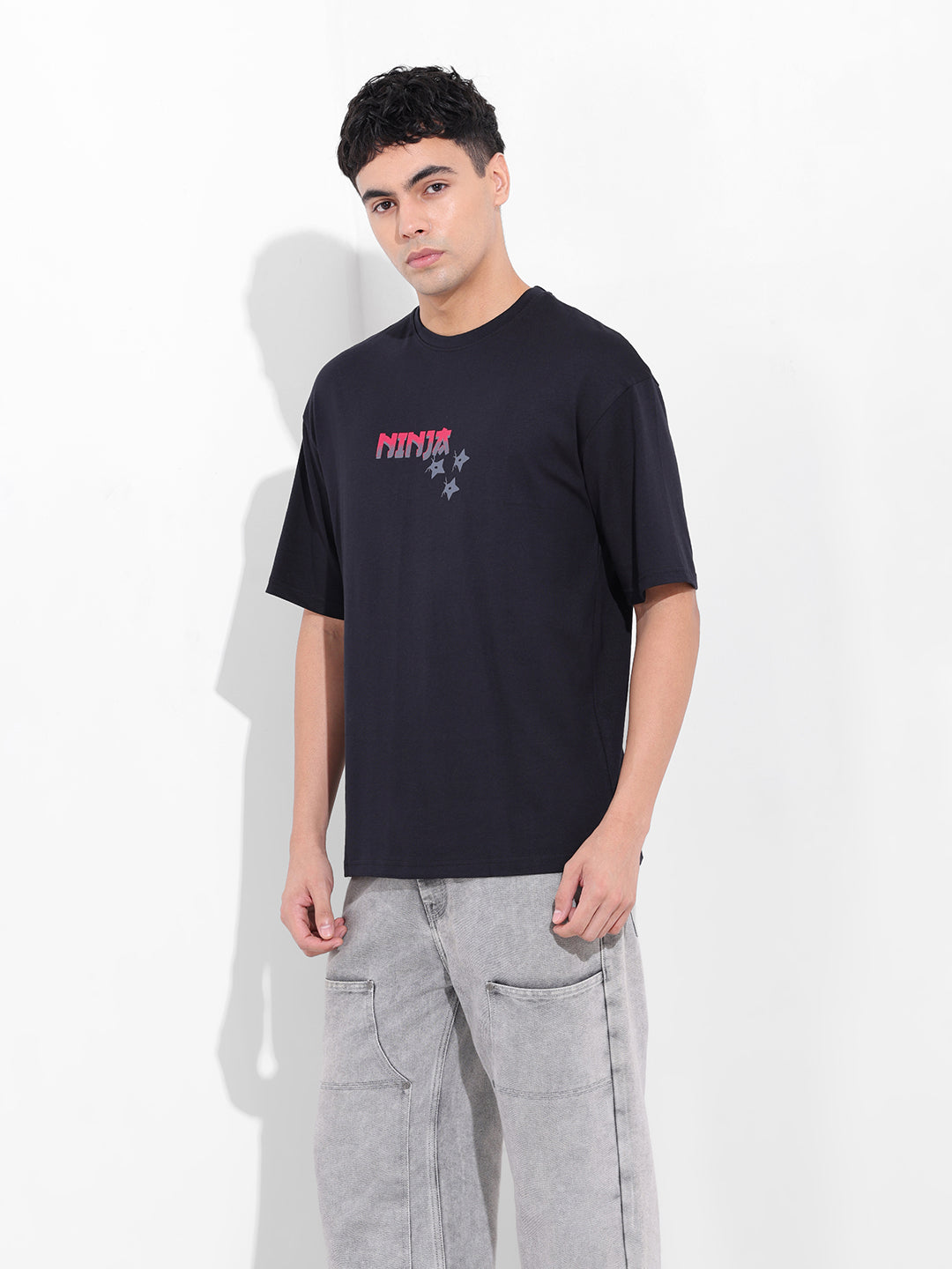 Men's Black Boxy Oversized Graphic Back Printed Round Neck T-shirt
