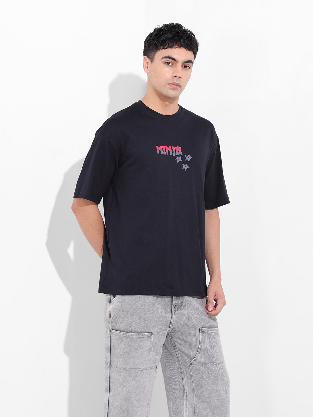 Men's Black Boxy Oversized Graphic Back Printed Round Neck T-shirt