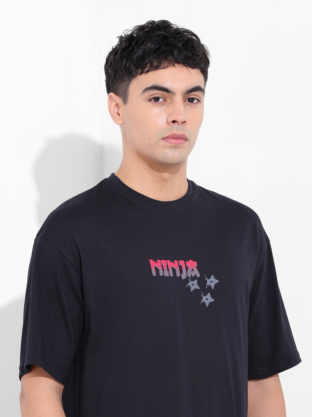 Men's Black Boxy Oversized Graphic Back Printed Round Neck T-shirt