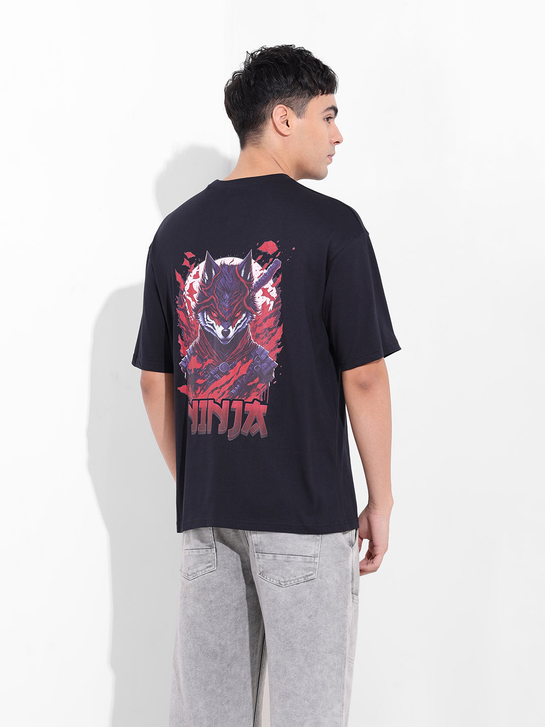 Men's Black Boxy Oversized Graphic Back Printed Round Neck T-shirt