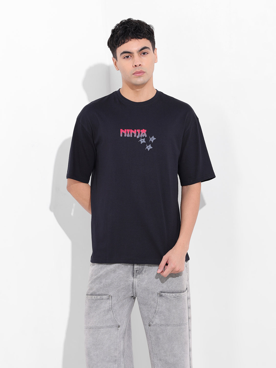 Men's Black Boxy Oversized Graphic Back Printed Round Neck T-shirt