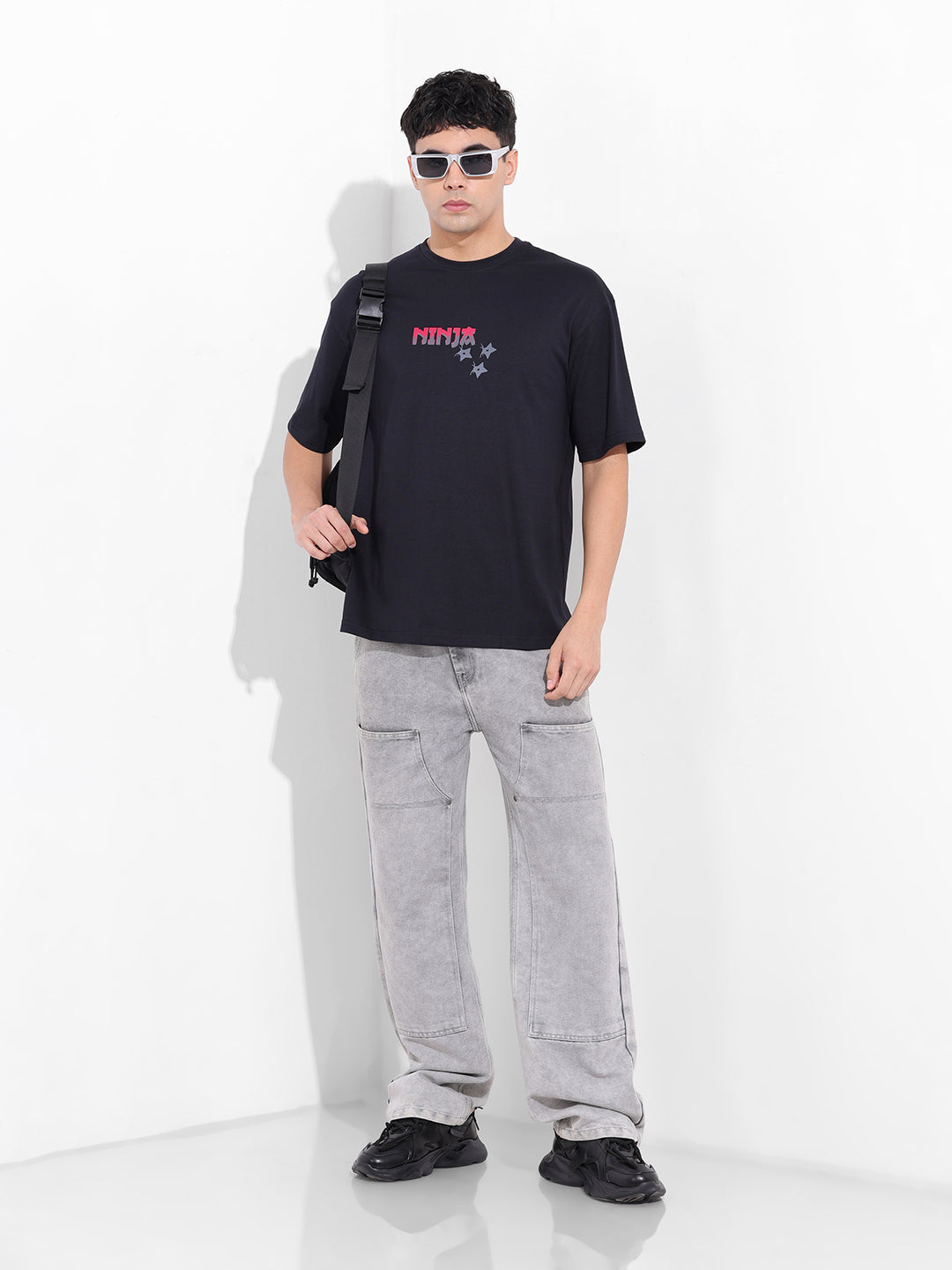 Men's Black Boxy Oversized Graphic Back Printed Round Neck T-shirt