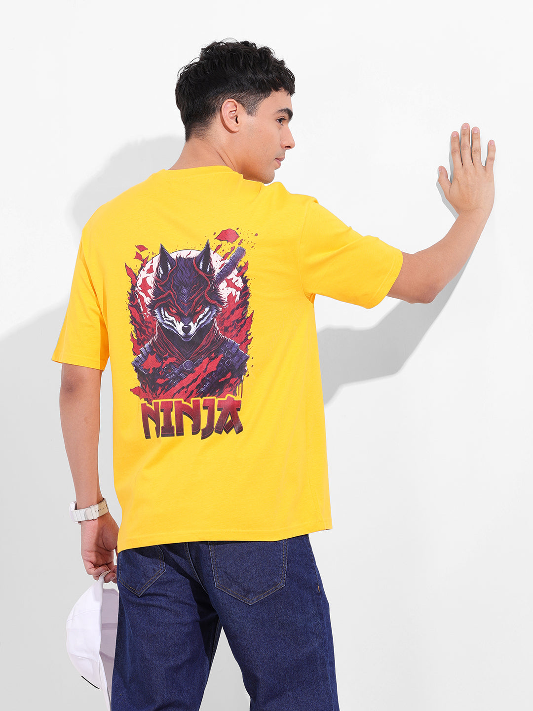 Men's Yellow Boxy Oversized Graphic Back Printed Round Neck T-shirt