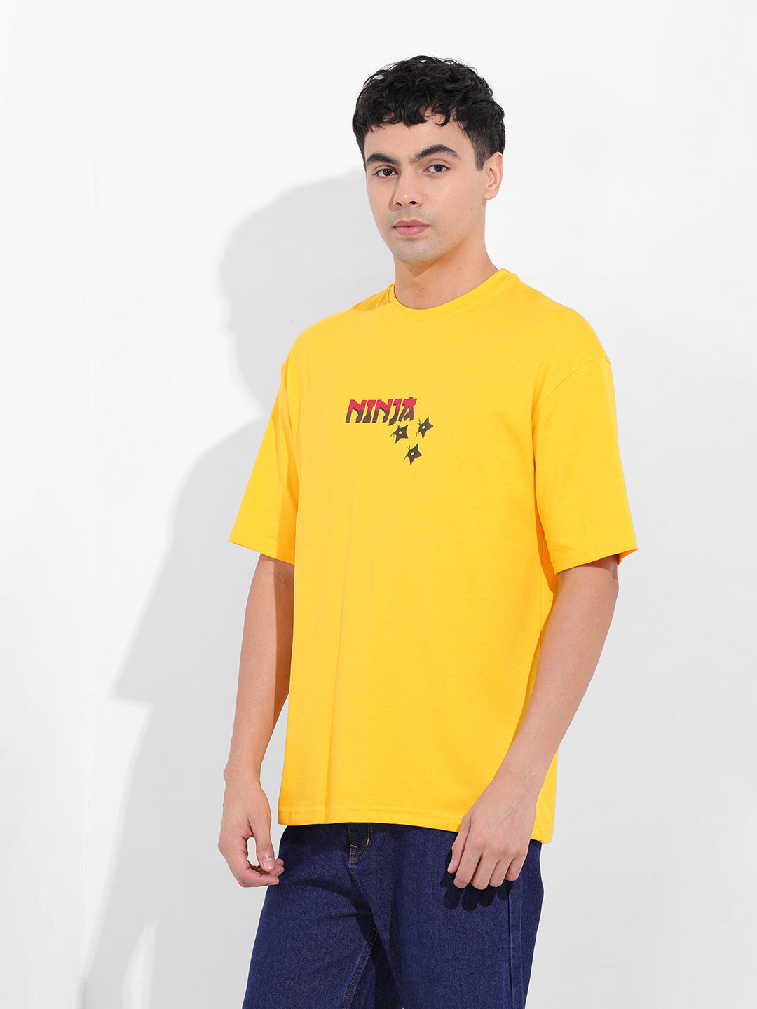 Men's Yellow Boxy Oversized Graphic Back Printed Round Neck T-shirt