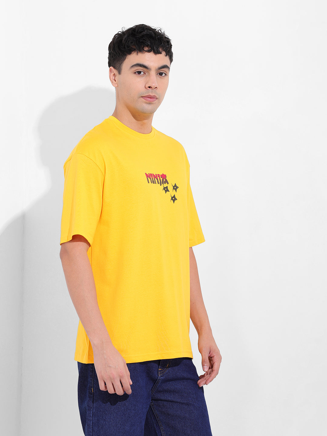 Men's Yellow Boxy Oversized Graphic Back Printed Round Neck T-shirt