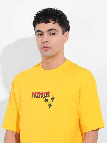 Men's Yellow Boxy Oversized Graphic Back Printed Round Neck T-shirt