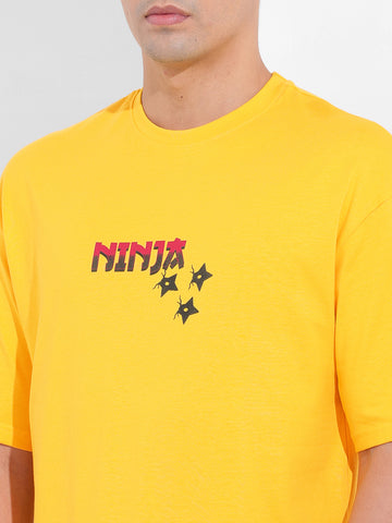 Men's Yellow Boxy Oversized Graphic Back Printed Round Neck T-shirt