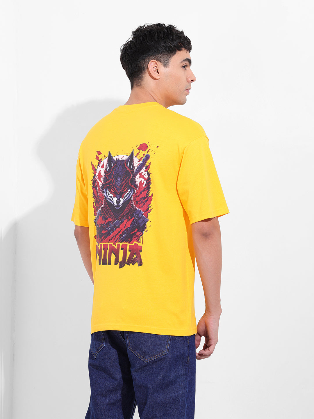 Men's Yellow Boxy Oversized Graphic Back Printed Round Neck T-shirt