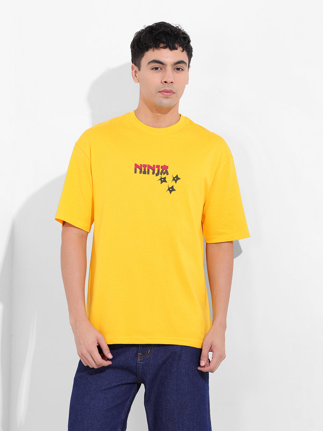 Men's Yellow Boxy Oversized Graphic Back Printed Round Neck T-shirt