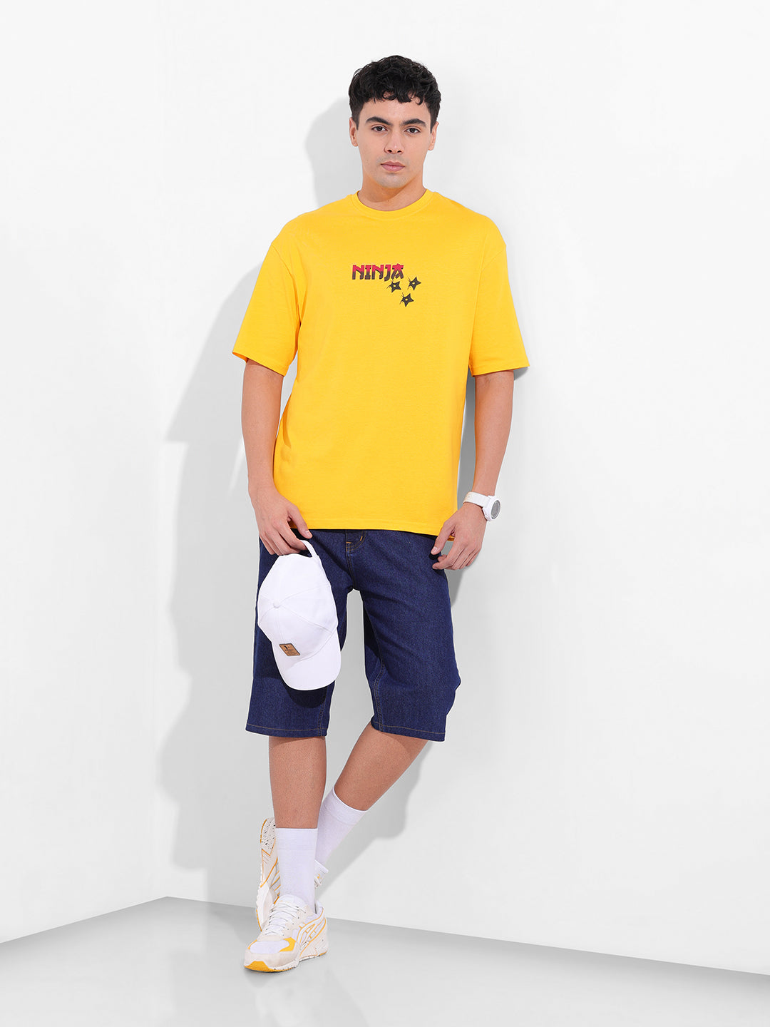 Men's Yellow Boxy Oversized Graphic Back Printed Round Neck T-shirt