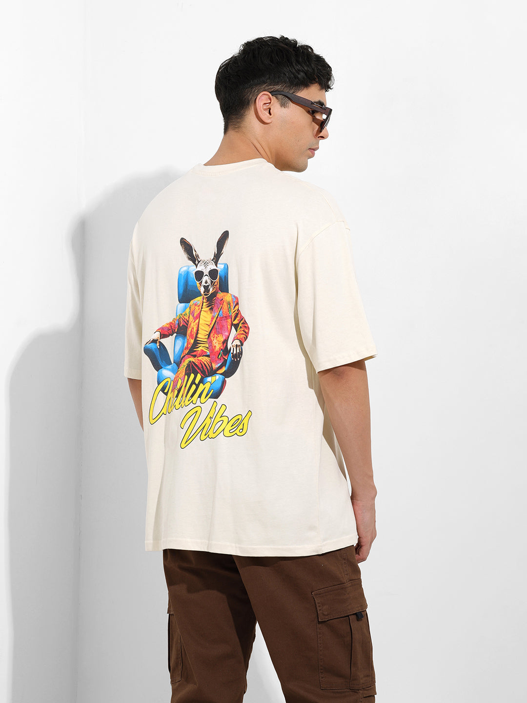Men's Beige Oversized Graphic Back Printed Round Neck T-shirt