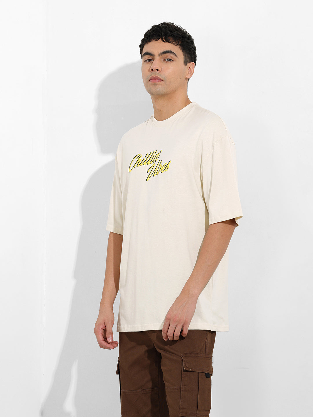 Men's Beige Oversized Graphic Back Printed Round Neck T-shirt