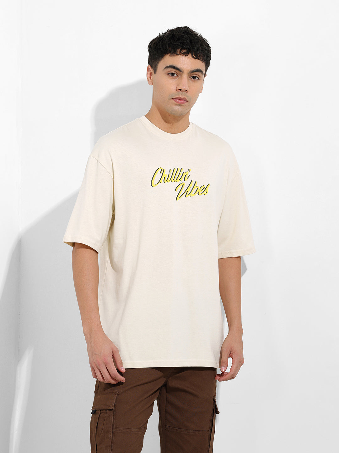 Men's Beige Oversized Graphic Back Printed Round Neck T-shirt